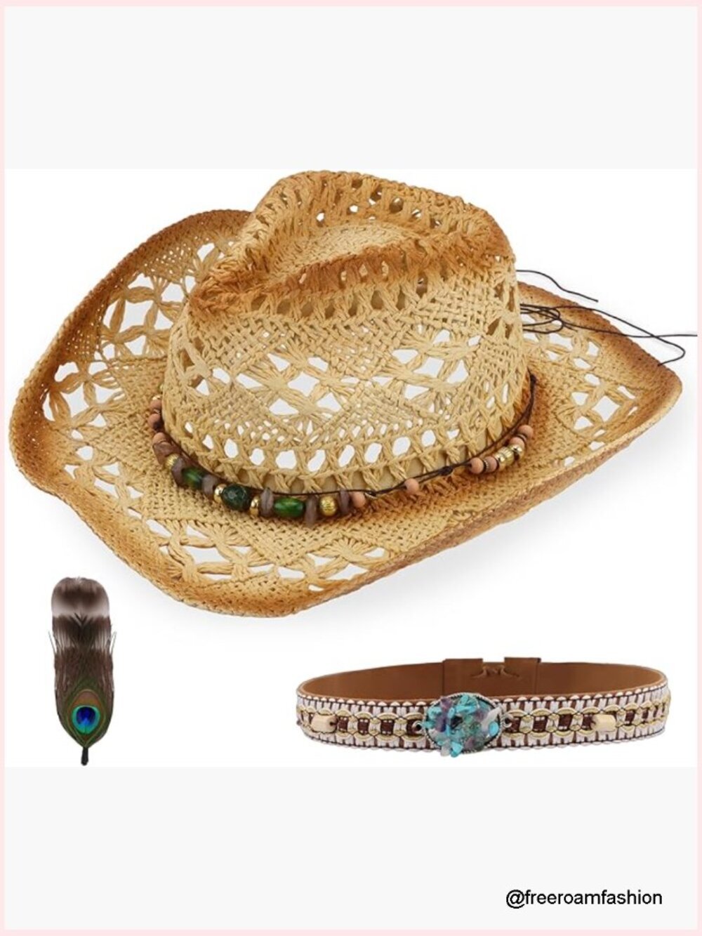 Wide Brim Straw Cowgirl Hat with Interchangeable Band Decorations